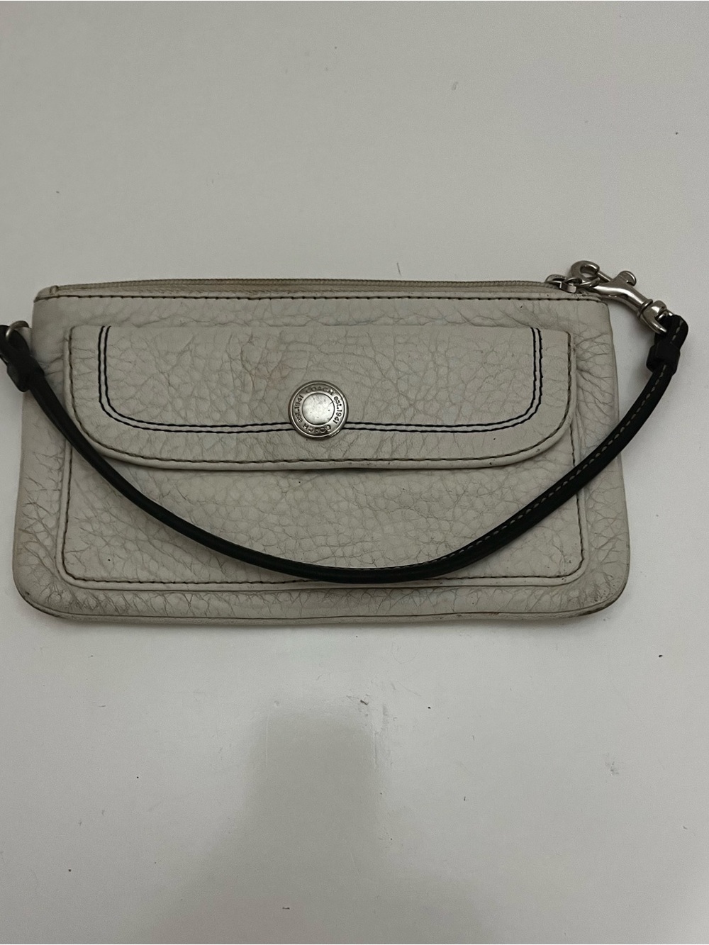 Coach White Pebble Leather Flap Pocket Wristlet Wallet Silvertone Hardware